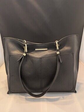 Steve Madden Black Pebbled Faux Leather Tote Bag with Floral Lining